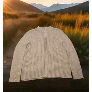 Appleseeds Sweater Full Zip Cardigan Womens L‎ Beige Cable Knit Long Sleeve